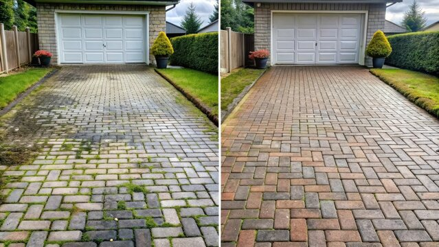 Before and after comparison of a paver driveway pressure washed by Sud's Spotless